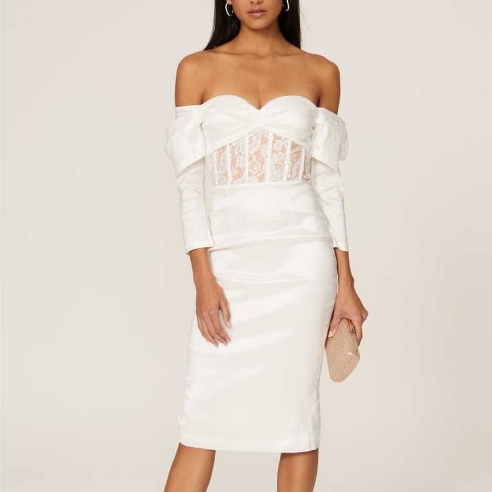 Elle Zeitoune Olivia Off Shoulder Satin Lace Sweetheart Midi Sheath Dress White